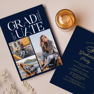 Studenten 2025 Photo Collage Navy Blue Grad Party Inbjudningar