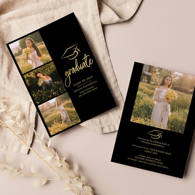 Studenten 2025 Photo Collage Script Grad Meddelande (Graduation Multi Photo Gold Script 2024 Announcement)