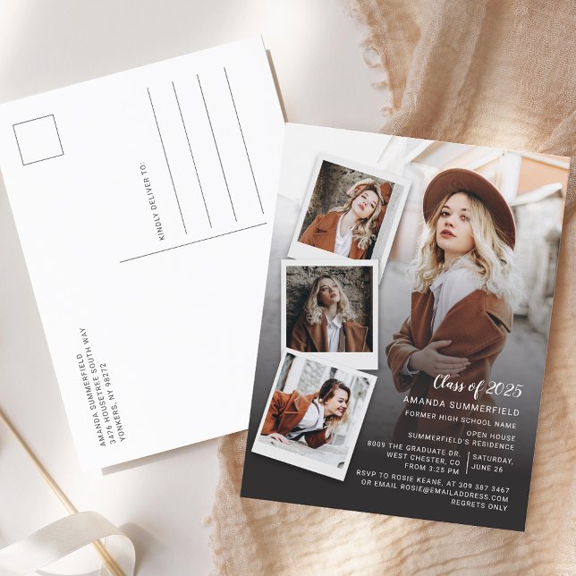 Studenten 2025 Photo Collage Script Grad Party Inbjudan Vykort (Graduation 2025 Multi Photo Grad Party Invitation Postcard)