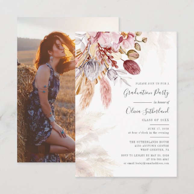 Studenten 2025 Photo Pampas Grass Grad Party Inbjudningar (Fram/baksida)