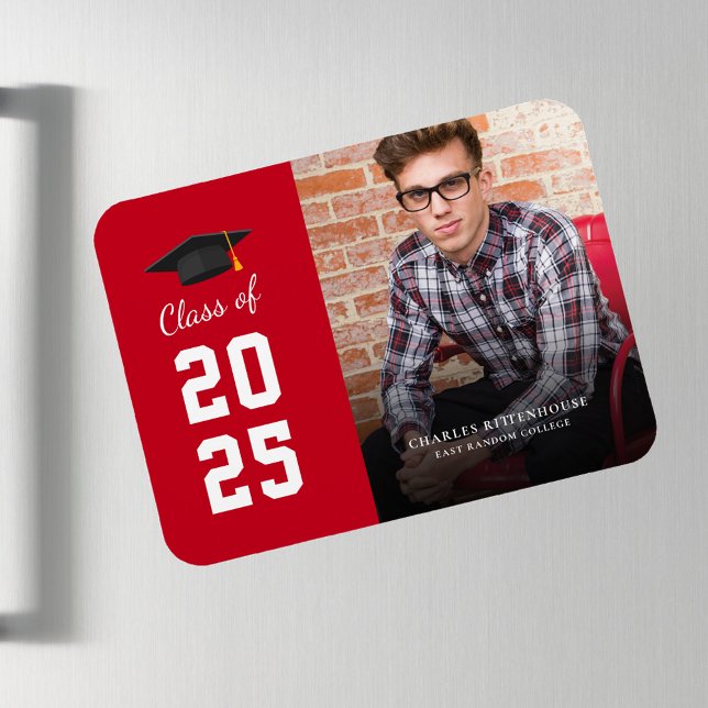 Studenten 2025: "Photo Red White Grad Announcement Magnet (Graduation Photo Announcement Magnet Card.)