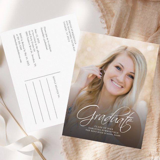 Studenten 2025 Photo Script Grad Party Inbjudan Vykort (Graduation 2025 Photo Script Grad Party Invitation Postcard)