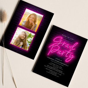 Studenten 2025 Rosa Neon Script 2 Foton Party Inbjudningar