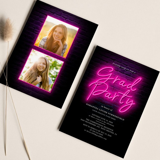 Studenten 2025 Rosa Neon Script 2 Foton Party Inbjudningar (Graduation 2 Photos 2024 Pink Neon Script Party Invitation)