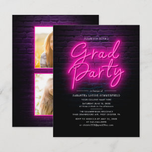 Studenten 2025 Rosa Neon Script Photo Grad Party Inbjudningar