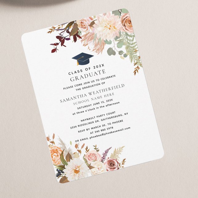 Studenten 2025 Watercolor Blommigt Grad Party Inbjudningar (Floral 2024 Graduation Party Invitation)