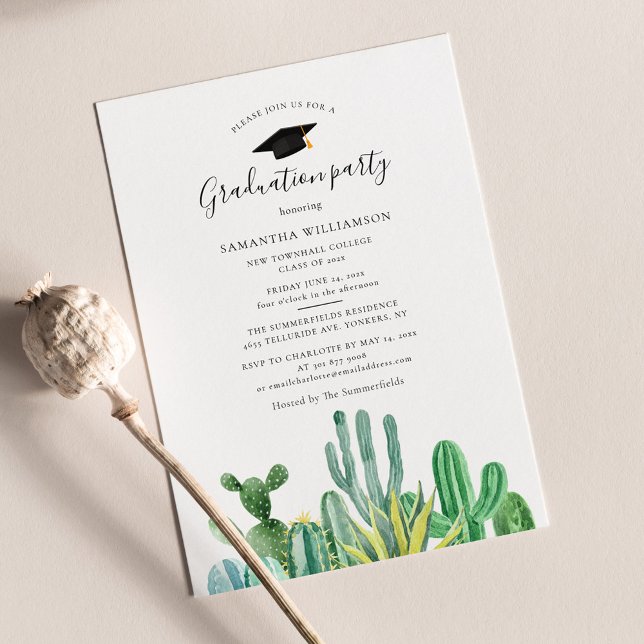 Studenten 2025 Watercolor Grad Party Inbjudningar (Cacti 2024 Graduation Party Invitation)