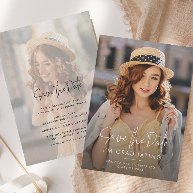 Studenten 2-foton Spara datum Party Meddelande (Graduation 2 Photos Save the Date Party Announcement)