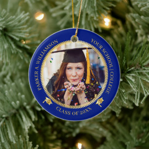 Studenten 2 Photo Blue Guld Grad Cap-klass år Julgransprydnad Keramik