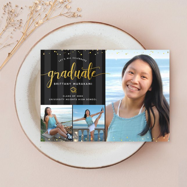 Studenten 3 fotokollage svart guld-skript, chic meddelande (Skapare uppladdad)