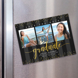 Studenten 3 Photo Black Guld Spara datummodern Magnetisk Inbjudningskort