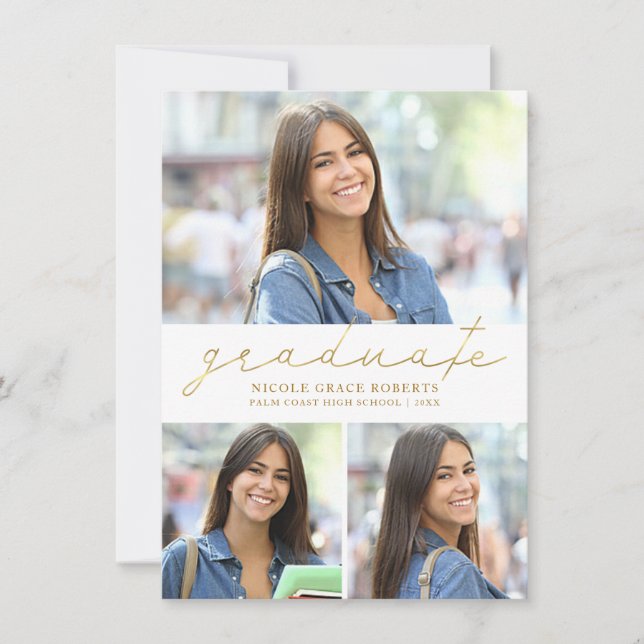 Studenten 3-Photo Collage Easy Edit Guld-skript Meddelande (Framsida)