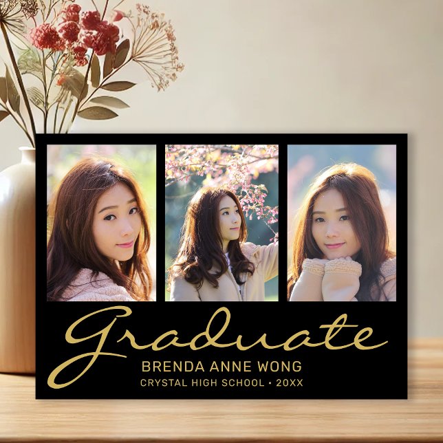 Studenten 3 Photo Collage Guld typography-skript Meddelande (Modern 3 Photo Black with Gold Script Graduation Announcement)