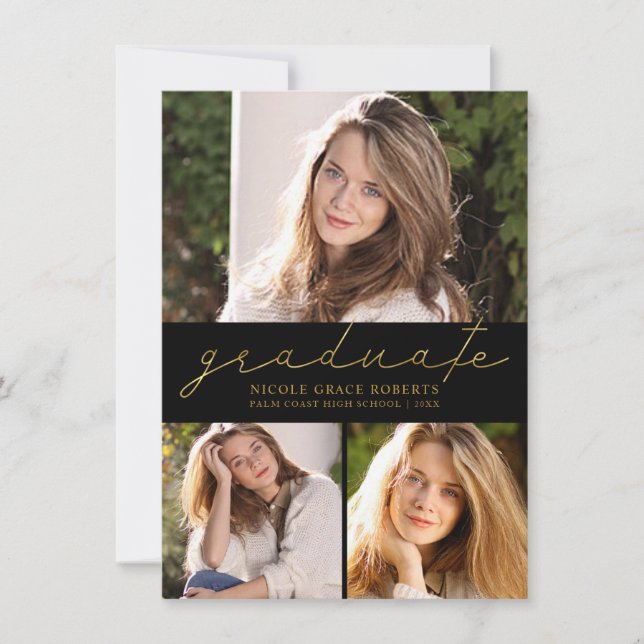 Studenten 3-Photo Collage Modern Guld-skript Meddelande (Framsida)