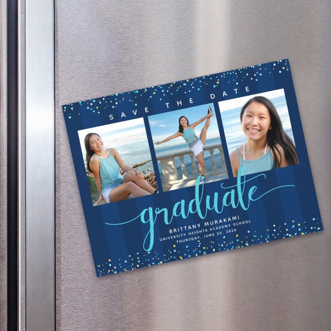 Studenten 3 Photo Navy Blue Spara datummodern Magnetisk Inbjudningskort (Skapare uppladdad)