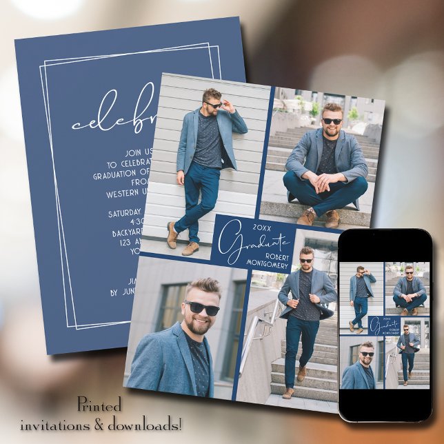 Studenten 4 Photo Collage Blue Party Inbjudningar (Skapare uppladdad)
