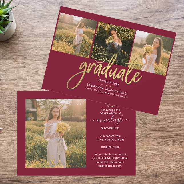 Studenten 4 Photo Collage Class of 2025 Meddelande (Graduation 2025 Burgundy Photo Collage Modern Announcement)