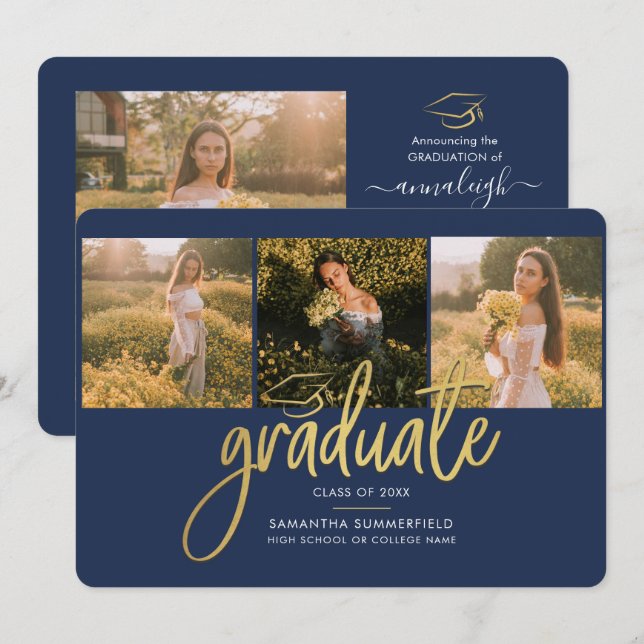 Studenten 4 Photo Collage Grad Navy Blue Guld Meddelande (Fram/baksida)