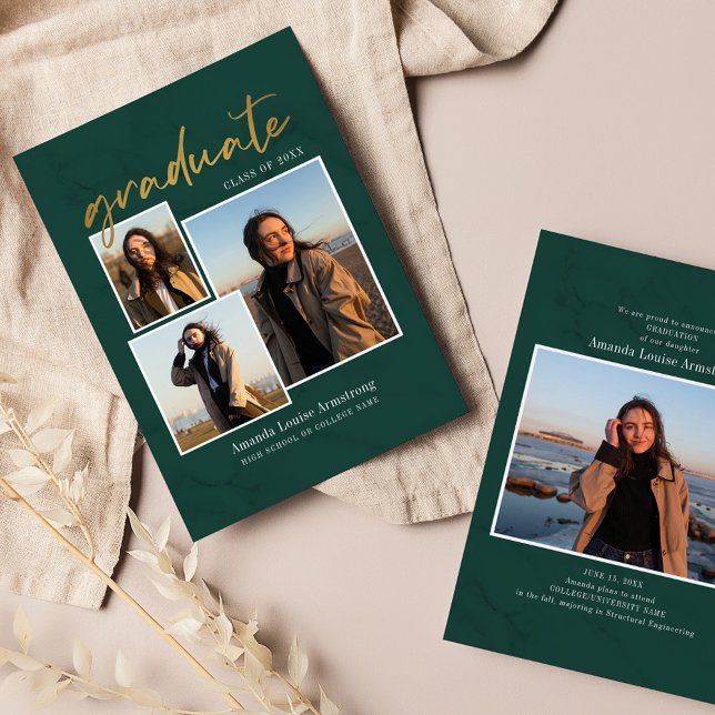 Studenten 4 Photo Collage Script Grönt Grad 2025 Meddelande (Graduation Announcement Photo Collage Green Marble Card)