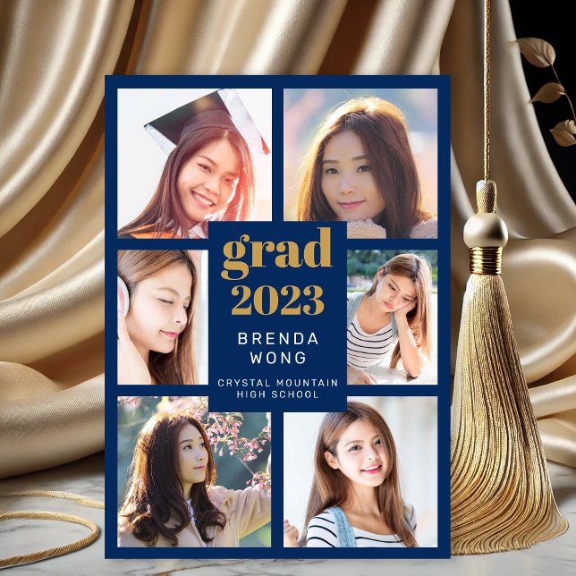 Studenten 6 Photo Collage Guld Script Royal Blue Meddelande (Modern Blue Gold 6 Photo Graduation Announcement)