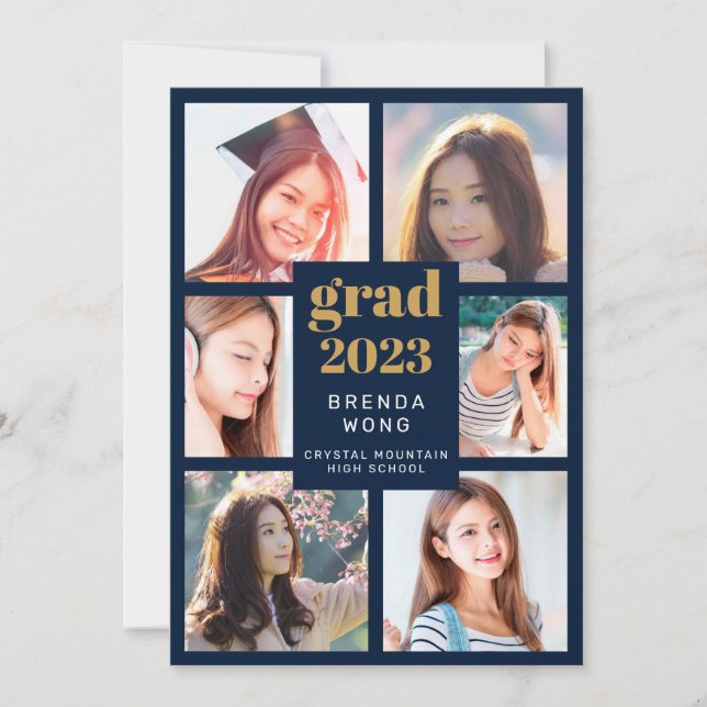 Studenten 6 Photo Collage Guld White Script Blue Meddelande (Framsida)