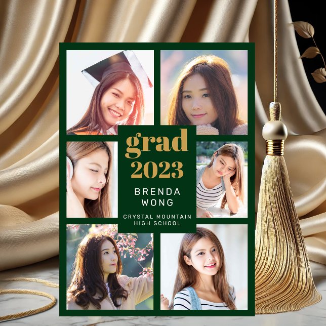 Studenten 6 Photo Collage Guld White Script-Grönt Meddelande (Modern Green Gold 6 Photo Graduation Announcement)