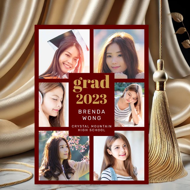 Studenten 6 Photo Collage Guld White Script Red Meddelande (Modern Six Photo Maroon Graduation Announcement with Gold and White Typograohy)