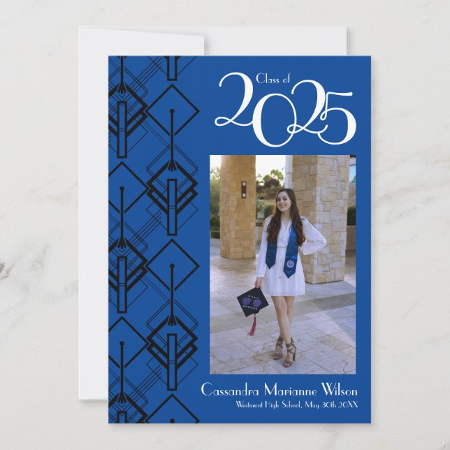 Studenten Art Deco Black Blue-meddelande Inbjudningar (Framsida)