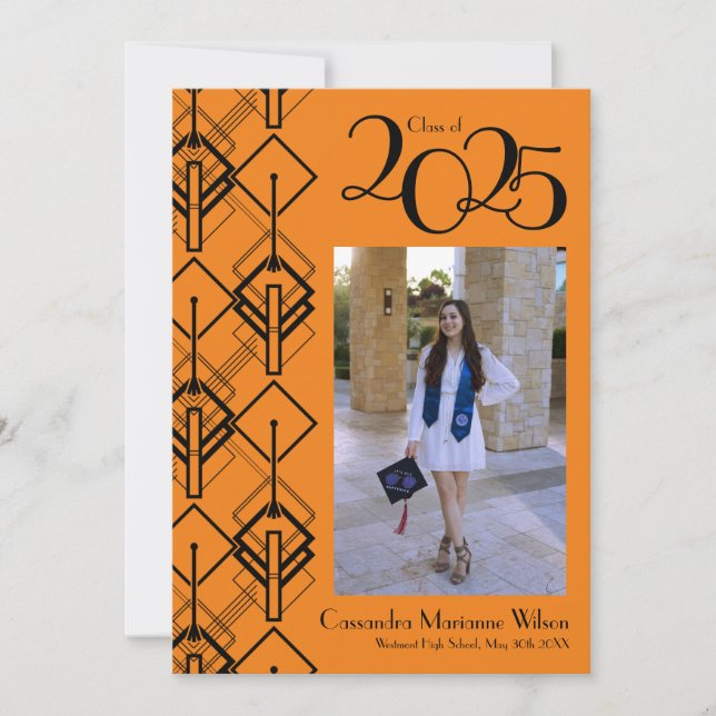 Studenten Art Deco Black Orange-meddelande Inbjudningar (Framsida)