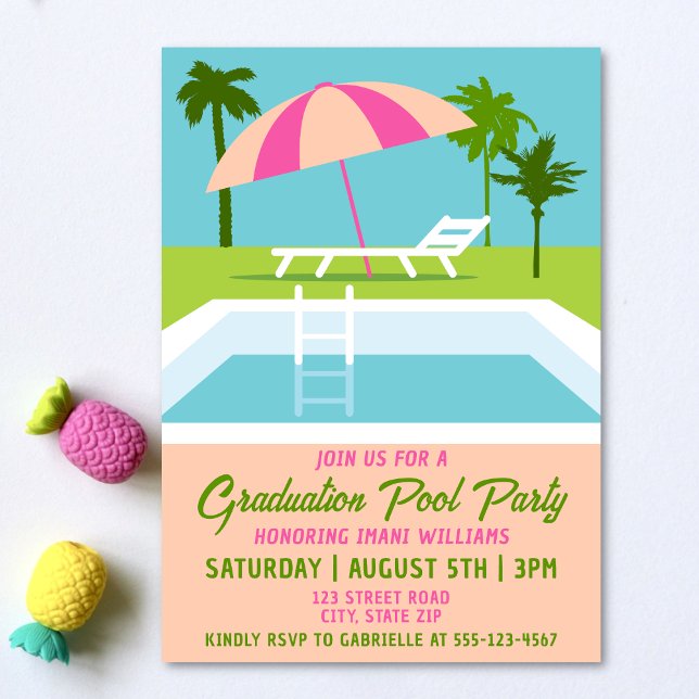 Studenten Bassäng Party Tropiska Swimming Bassäng Inbjudningar (Graduation pool party invitation on a light background with tropical pineapple accessories.)