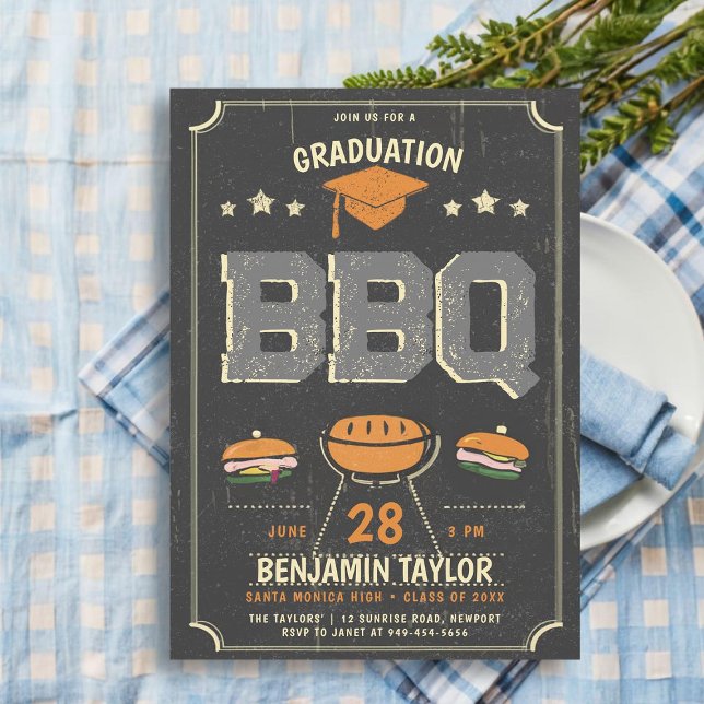 Studenten BBQ Party Rustic Cowboy Land Black Inbjudningar (male high school graduation party ideas bbq party invitations college grad template rustic country)