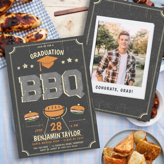 Studenten BBQ Party Rustic Cowboy Land Photo Inbjudningar (male high school graduation party ideas bbq party invitations grad photo template rustic country)