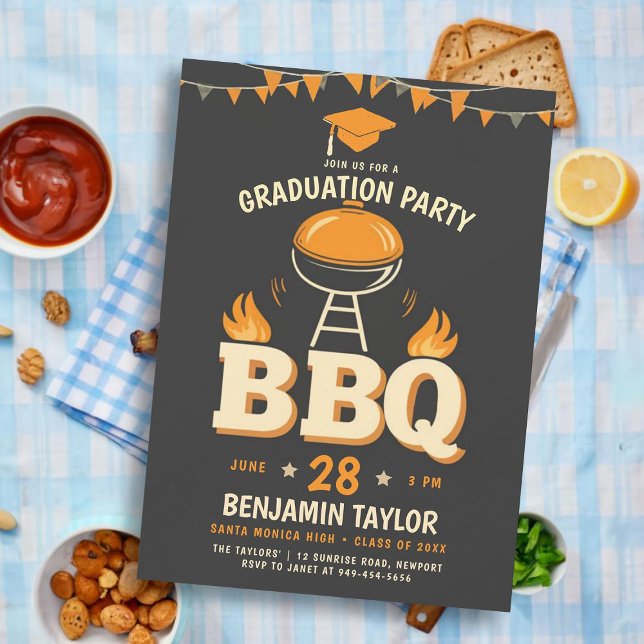 Studenten BBQ Party Rustic Land Western Black Inbjudningar (male high school graduation party ideas bbq party invitations college grad template rustic backyard )