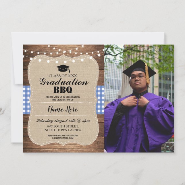 Studenten BBQ Photo Burlap Blue Rustic Wood Inbjudningar (Framsida)