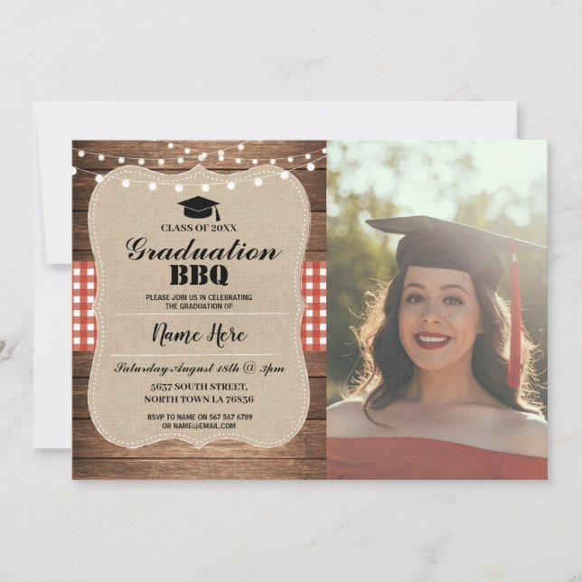 Studenten BBQ Photo Burlap Red Rustic Wood Inbjudningar (Framsida)