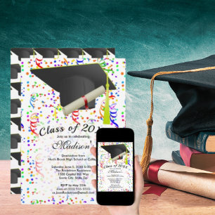 Studenten Black Grad Cap Diploma Confetti Party Inbjudningar