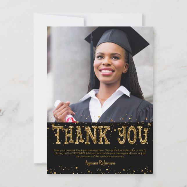 Studenten Black & Guld Glitter TACK Kort (Framsida)