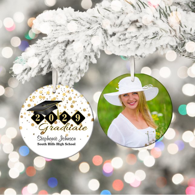 Studenten Black och Guld Photo Julgransprydnad Keramik (Graduation Black and Gold Photo Ceramic Ornament)