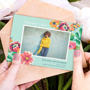 Studenten Blommigt Aqua Blue Photo Tack Kort