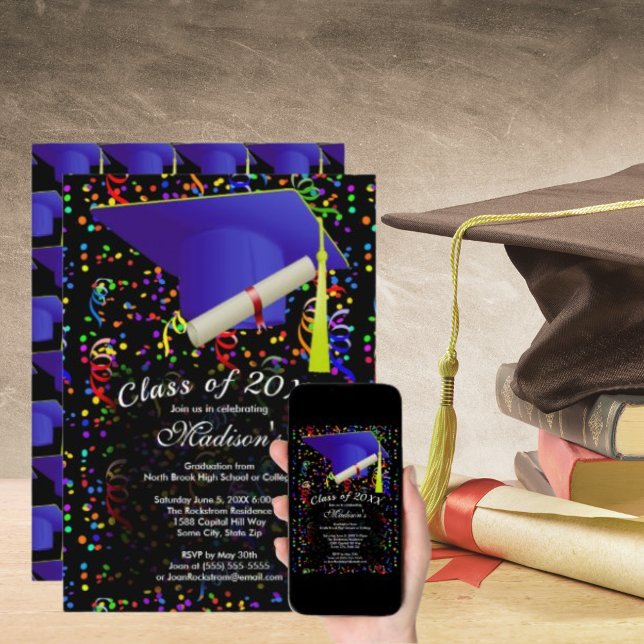 Studenten Blue Grad Cap Diploma Confetti Black Inbjudningar (Graduation Blue Grad Cap Diploma Confetti Black Invitation)