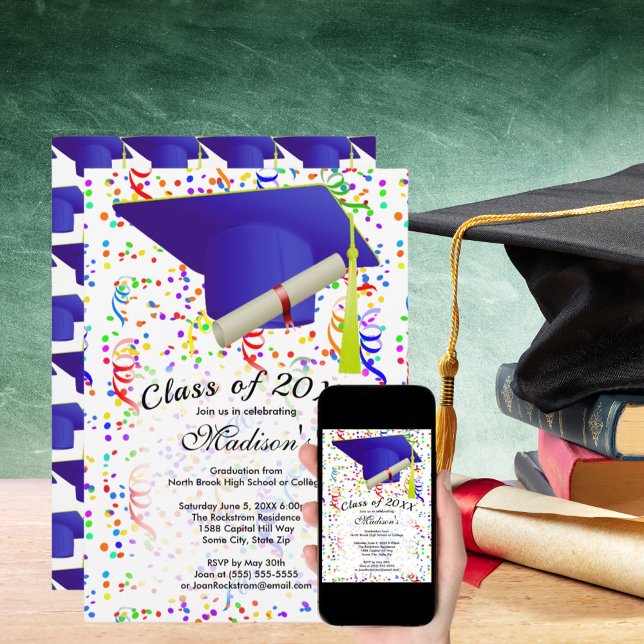 Studenten Blue Grad Cap Diploma Confetti Party Inbjudningar (Graduation Blue Grad Cap Diploma Confetti Party Invitation)