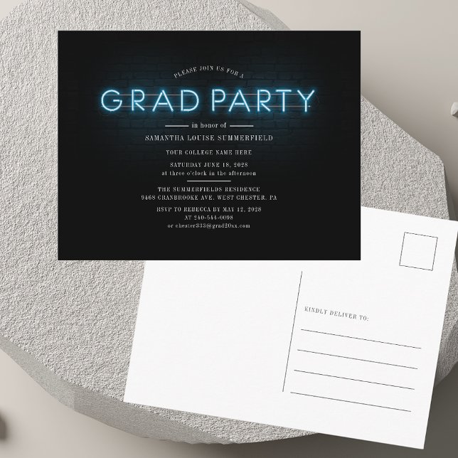 Studenten Blue Neon Grad 2025 Party Inbjudan Vykort (Graduation Blue Neon Grad 2025 Party Invitation Postcard)