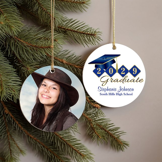Studenten Blue och Guld Classic 20XX Photo Julgransprydnad Keramik (Graduation Blue and Gold Classic 20XX Photo Ceramic Ornament)