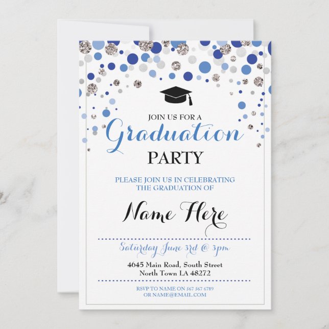 Studenten Blue Silver Party Polka Dot Inbjudan (Framsida)