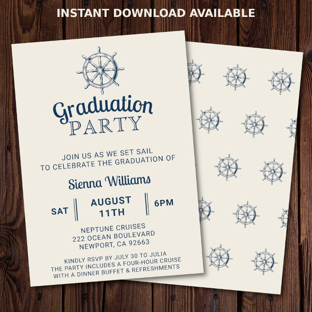 Studenten Boat Party Fraktens Wheel Nautical Inbjudningar (Nautical graduation party invitation. Perfect for a boat party or cruise. )