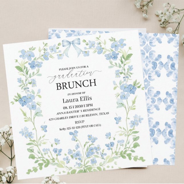 studenten brunch-inbjudan till elegant blå blommig inbjudningar (Skapare uppladdad)