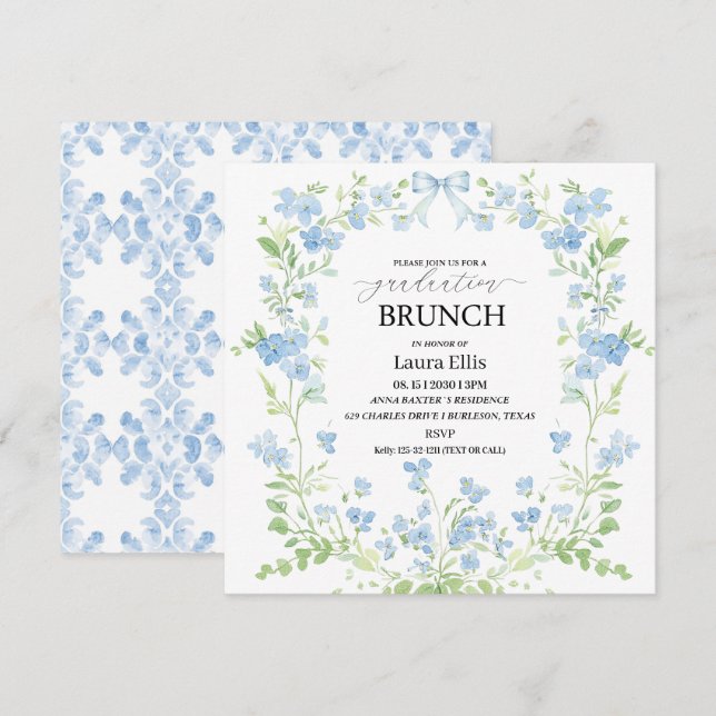 studenten brunch-inbjudan till elegant blå blommig inbjudningar (Fram/baksida)