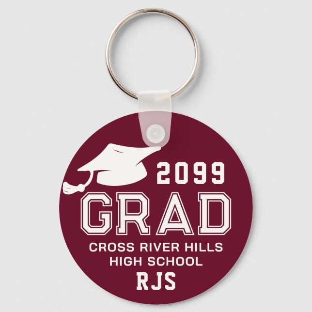 Studenten Burgundy Maron GRAD Cap Personlig Nyckelring (Framsida)