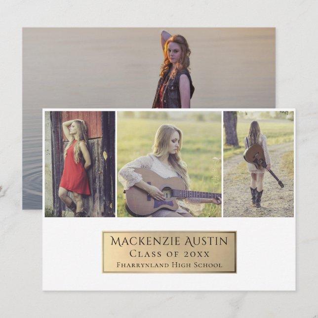 Studenten Collage | Elegant Guld Multi-Photo Meddelande (Fram/baksida)