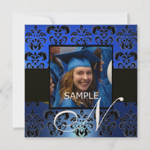 STUDENTEN DAMASK MONOGRAM, blå svart champagne Inbjudningar